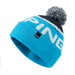PING Anderson bobble golf hat in cyan, white, and black with a knitted design and branded front tab, side view.