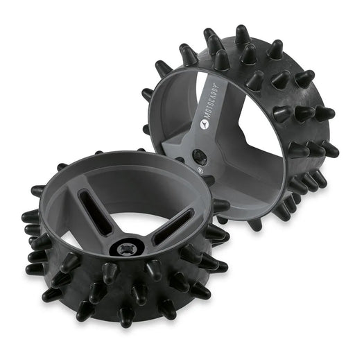 Pair of black Motocaddy 28V Hedgehog DHC winter wheels with grey three-spoke hubs and spiked tread for golf trolleys.