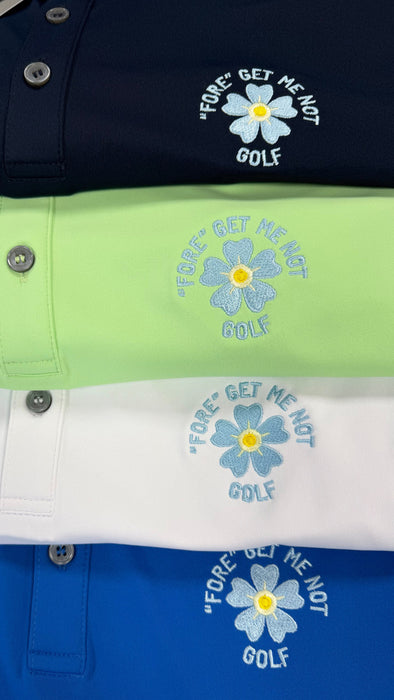 PING Sedona Ladies Fore Get Me Not golf polo shirts in navy, lime, white, and blue with embroidered flower detail.