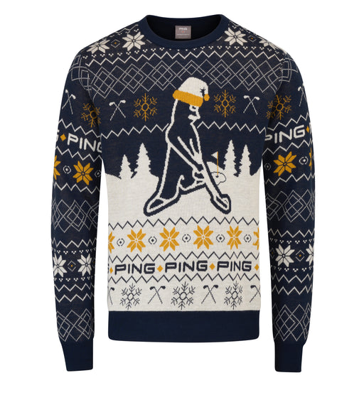 Ping Festive Mr. Ping Christmas jumper in navy and white with a knitted golf-themed pattern and crew neck, front view.