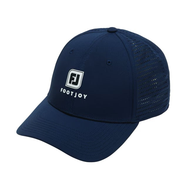 FootJoy Perforated Trucker Golf Cap in navy, featuring a white logo and breathable mesh side panels, front view.