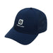FootJoy Perforated Trucker Golf Cap in navy, featuring a white logo and breathable mesh side panels, front view.