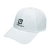 FootJoy Perforated Trucker Golf Cap in white with a black FJ logo, featuring breathable side panels, side view.