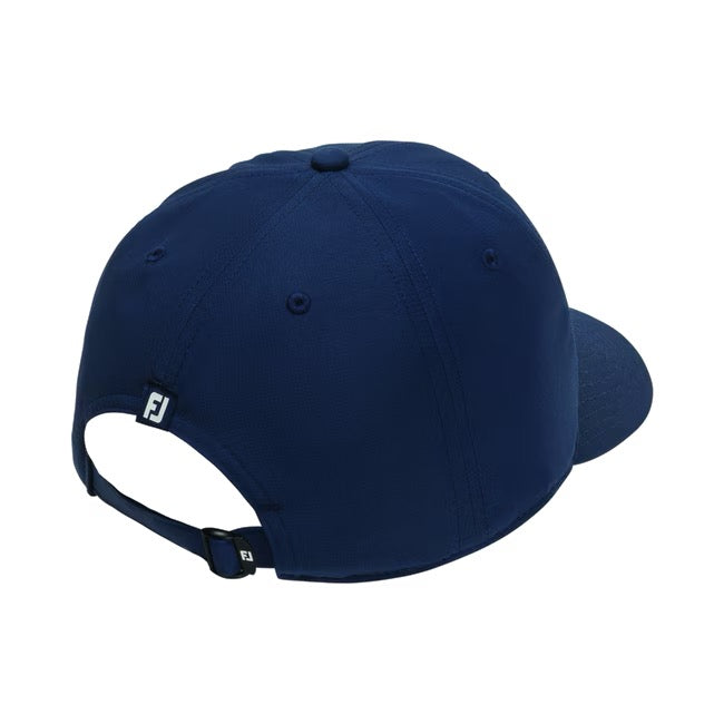 FootJoy Performance Golf Cap in navy blue, rear view showing the adjustable strap and FJ logo detail.