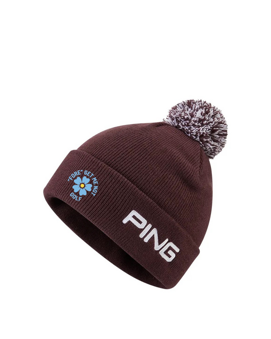 PING Cresting Knit Fore Get Me Not golf beanie in fig, featuring a white embroidered logo, floral detail, and pom-pom.