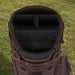 Top-down view of a brown leather Titleist LINKSLEGEND golf bag showing the black lined club dividers and metal hardware.
