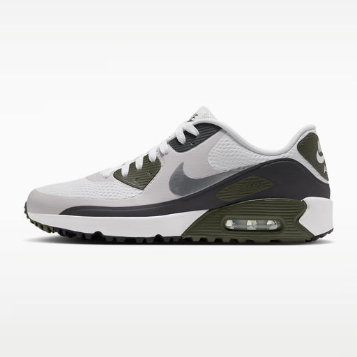 Side view of Nike Air Max 90 golf shoes in white, medium olive, and grey with a metallic silver swoosh.