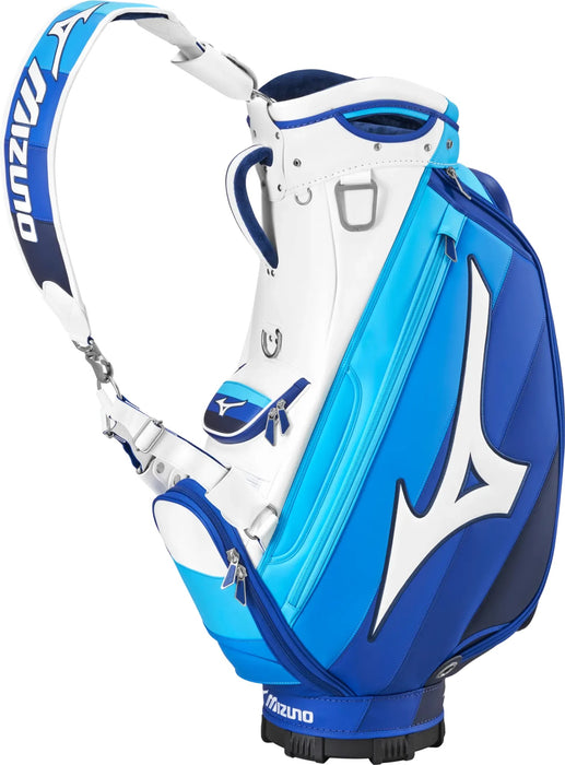 Mizuno Tour Staff golf bag in white and blue, side view showing branding, carry strap, and multiple storage pockets.
