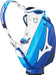 Mizuno Tour Staff golf bag in white and blue, side view showing branding, carry strap, and multiple storage pockets.