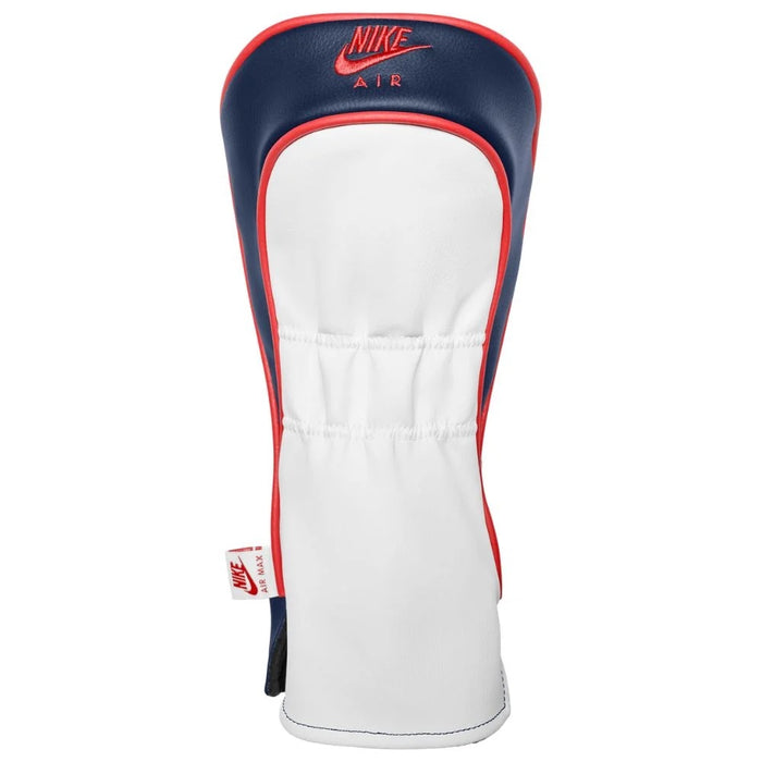 Nike Icon Driver Headcover in white, navy blue and red with embroidered Nike Air branding, front view.