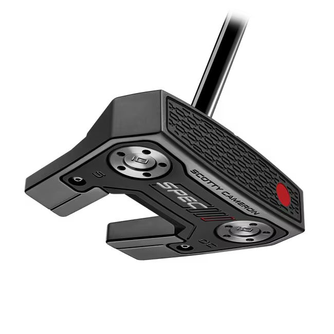 Scotty Cameron Phantom 5 OC Spec III putter, black mallet head with silver weights and red dot detail, rear view.