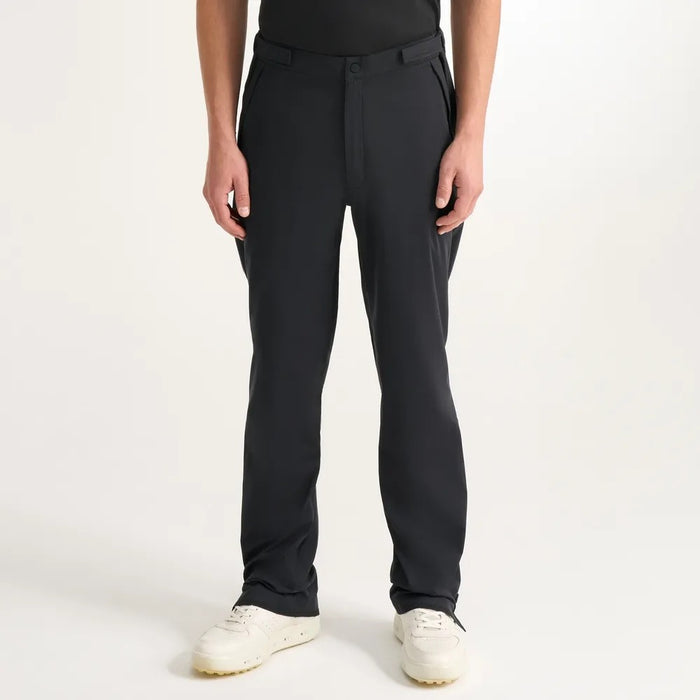 Front view of black PING AquaDrive Pro waterproof golf over trousers with a zip fly and belt loops.