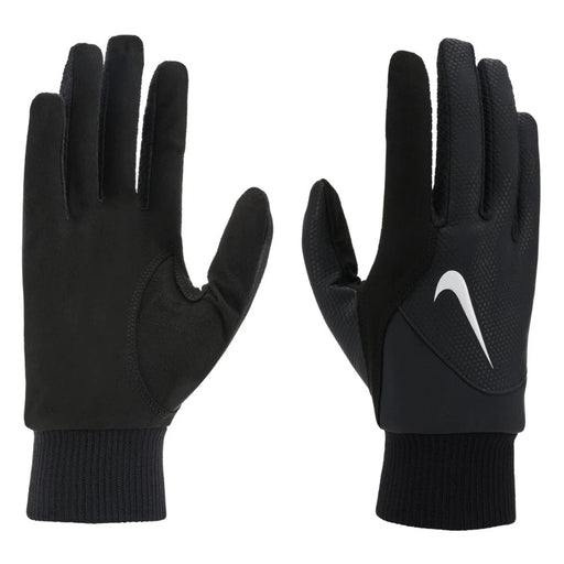 Nike Therma-FIT Pair Golf Gloves in black, showing front and back views with a white Swoosh logo and ribbed cuffs.