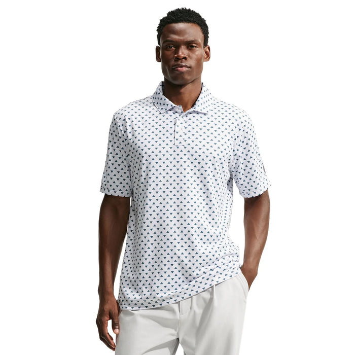 Front view of a white Nike Par Dri-FIT golf polo shirt featuring a small blue butterfly print pattern.