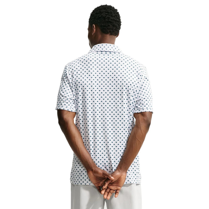 Back view of a white Nike Par Dri-FIT golf polo shirt featuring a small blue butterfly print pattern.
