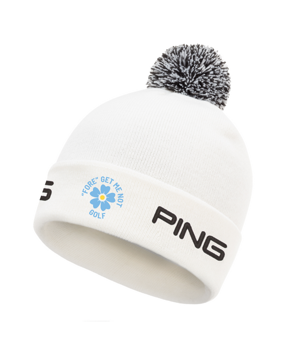 PING Cresting Knit Fore Get Me Not golf beanie in white with black logo, floral detail, and a grey and white pom-pom.