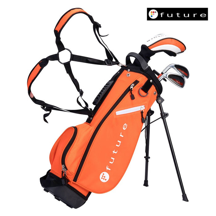 Future Junior Golf Set in orange for ages 4-6, featuring a stand bag with dual straps and matching golf clubs.