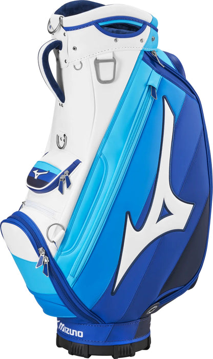 Mizuno Tour Staff golf bag in white and blue, featuring a side view with branded logo, zip pockets and durable finish.