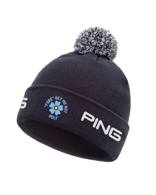 PING Cresting Knit Fore Get Me Not golf beanie in navy with a white pom-pom, front view featuring embroidered logo.