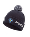 PING Cresting Knit Fore Get Me Not golf beanie in navy with a white pom-pom, front view featuring embroidered logo.