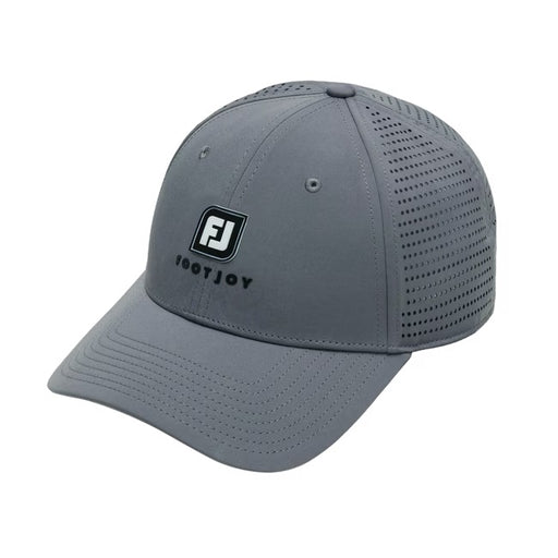 FootJoy Perforated Trucker Golf Cap in grey, featuring a front logo and breathable side panels, side view.