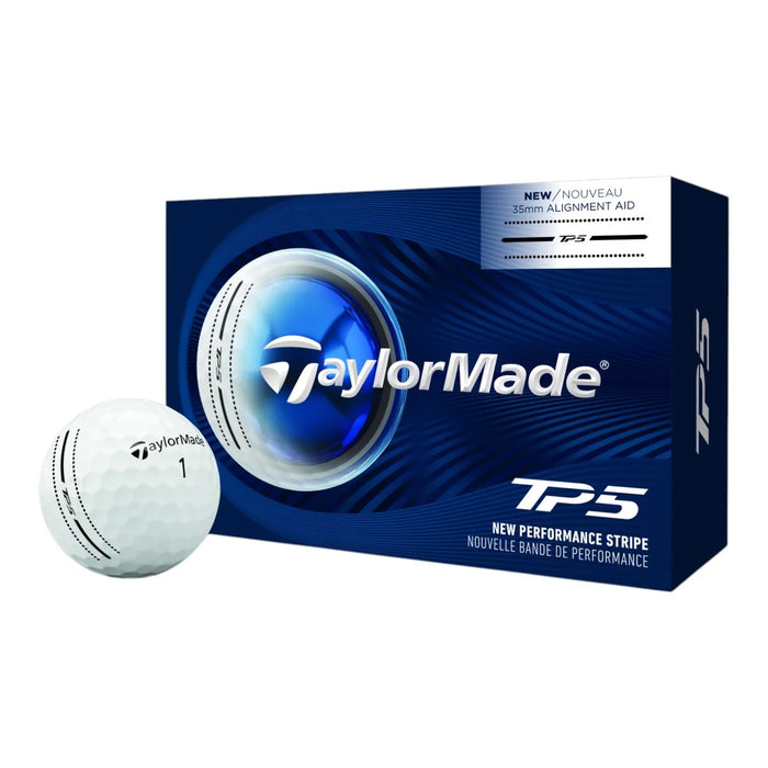 TaylorMade TP5 Performance Stripe half dozen golf ball box with a white ball featuring a black alignment stripe.