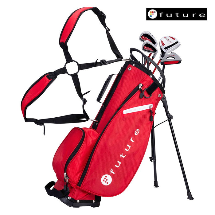 Future Junior Golf Set for ages 8-10 in red, featuring a stand bag with shoulder straps and matching right-handed clubs.