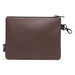 Titleist Birthplace of Golf brown leather-look zippered valuables pouch with side clip and logo tab, front view.