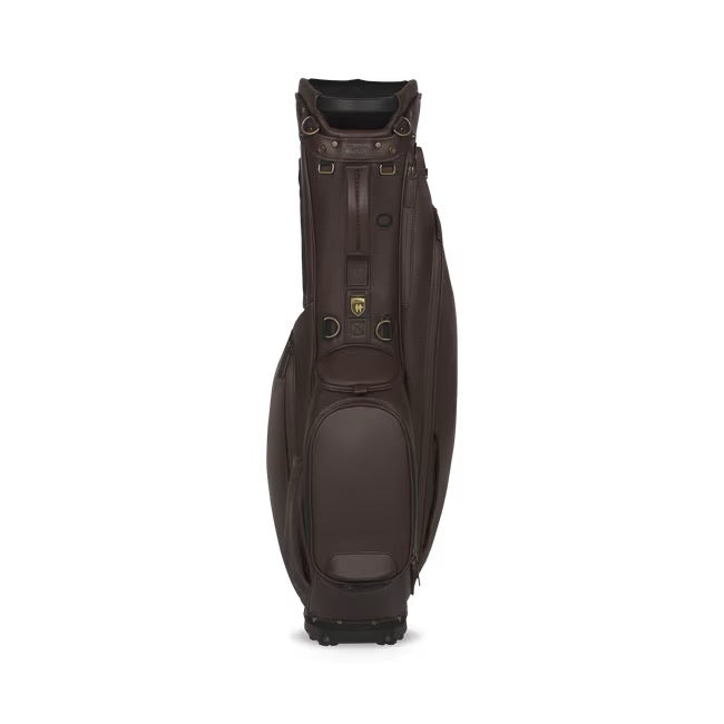 Titleist Birthplace of Golf LINKSLEGEND stand bag in dark brown leather with gold-tone hardware, front view.