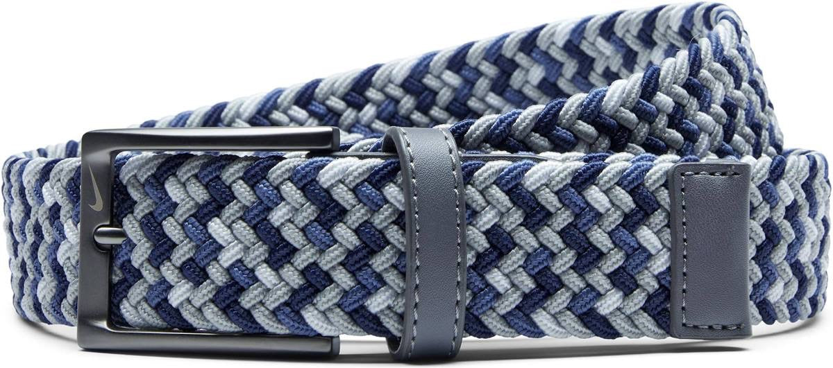 Nike Weave Stretch Woven Golf Belt in navy multi with a gunmetal buckle and grey leather-look trim.