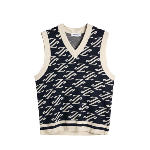 J.Lindeberg Anton Jacquard Knitted Vest in JL Navy with beige JL pattern all over