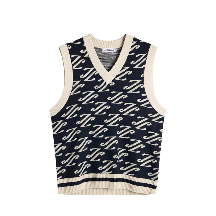 J.Lindeberg Anton Jacquard Knitted Vest in JL Navy with beige JL pattern all over