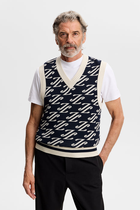 J.Lindeberg Anton Jacquard Knitted Vest in navy on male model face on