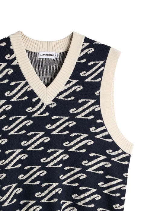 close up of the J.Lindeberg Anton Jacquard Knitted Vest in navy and beige