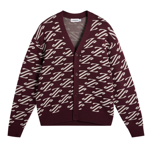 front of the J.Lindeberg Denny Jacquard Knitted Cardigan in maroon