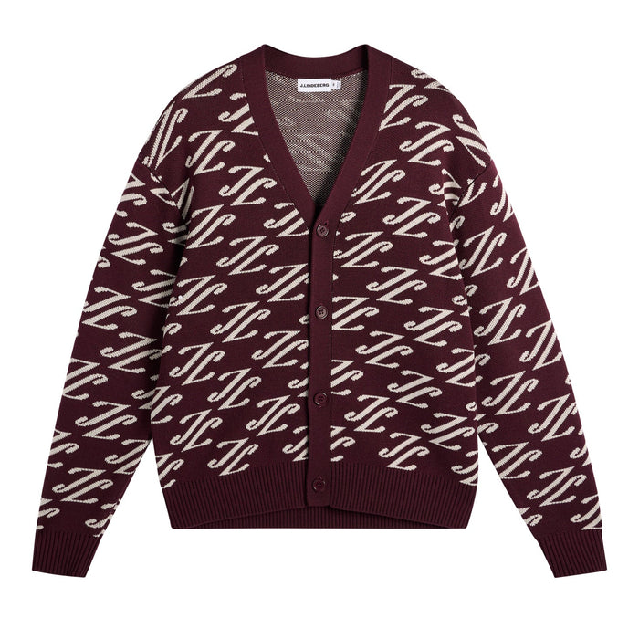 front of the J.Lindeberg Denny Jacquard Knitted Cardigan in maroon