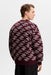 J.Lindeberg Denny Jacquard Knitted Cardigan in maroon/burgundy on model with all over JL pattern