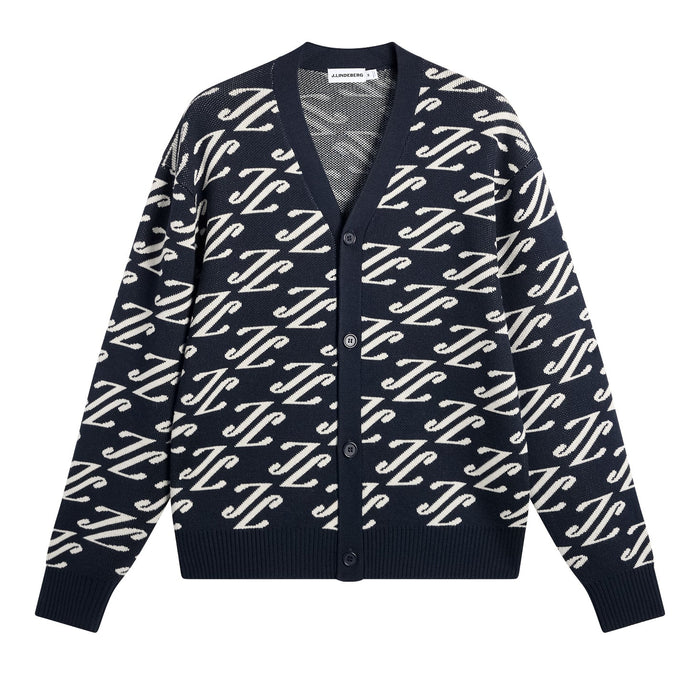 J.Lindeberg Denny Jacquard Knitted Cardigan in navy with all over JL pattern
