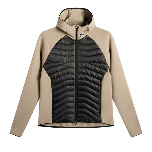 front of J.Lindeberg Heyden Quilt Hybrid Hood Golf Jacket in beige and black