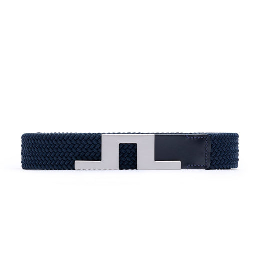 J.Lindeberg Braided Bridge 35 Golf Belt in navy showing bridge logo buckle