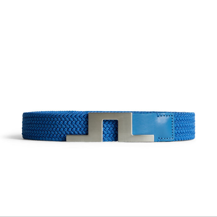 J.Lindeberg Braided Bridge 35 Golf Belt in blue showing the buckle and JL logo