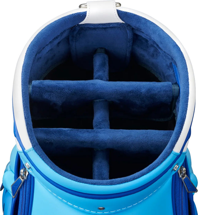 Mizuno Tour Staff golf bag top view showing blue velvet-lined club dividers and a white rim.