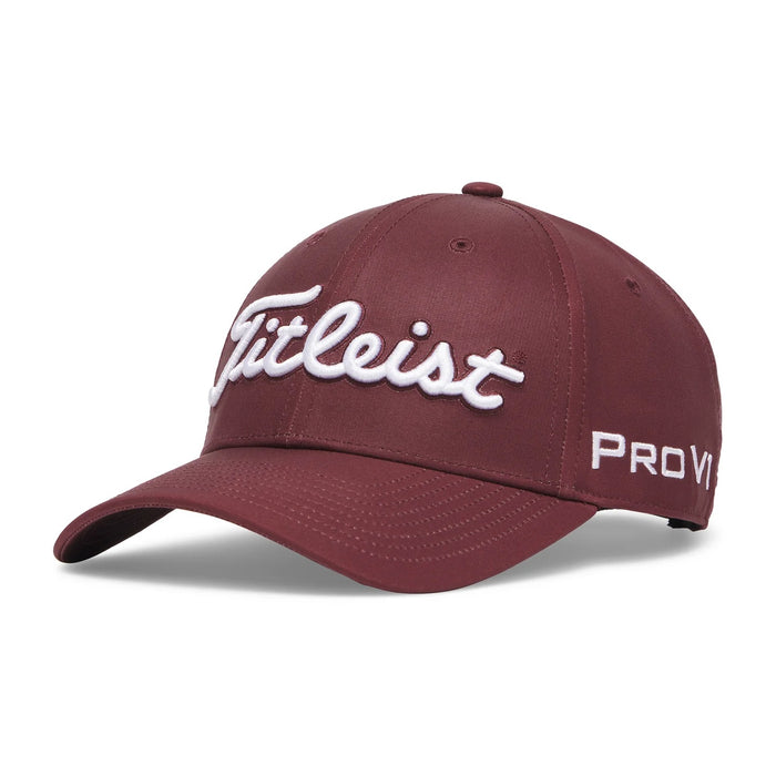 Titleist Tour Performance golf hat in merlot with white embroidered branding, side view.