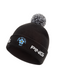 PING Cresting Knit Fore Get Me Not black golf beanie with white logo, blue flower graphic and a grey pom-pom.