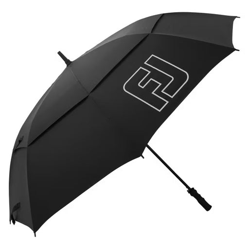 FootJoy golf umbrella in black with a white FJ logo, shown from a side angle against a white background.