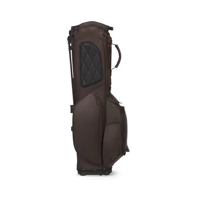 Side view of a brown Titleist LINKSLEGEND golf stand bag featuring premium leather-look material and quilted detailing.