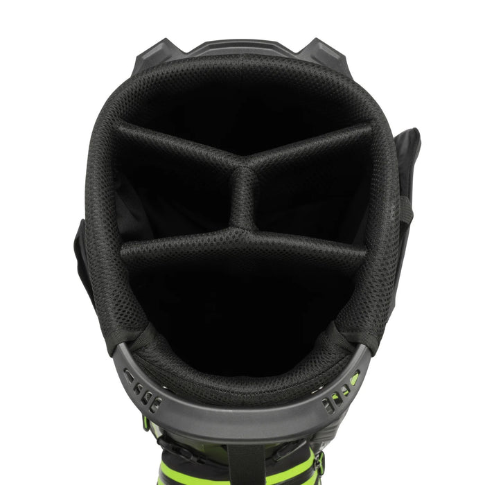 Top-down view of the Mizuno BR-DRI waterproof golf stand bag showing the black club divider system and padded rim.