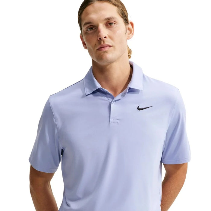 Nike Velocity Solid Golf Polo shirt in light purple with a black Swoosh logo, front view on a male model.