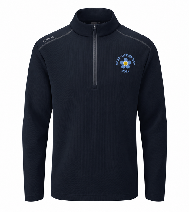 PING Ramsey navy golf mid layer with quarter-zip, mock neck, and Fore Get Me Not flower embroidery on the chest.
