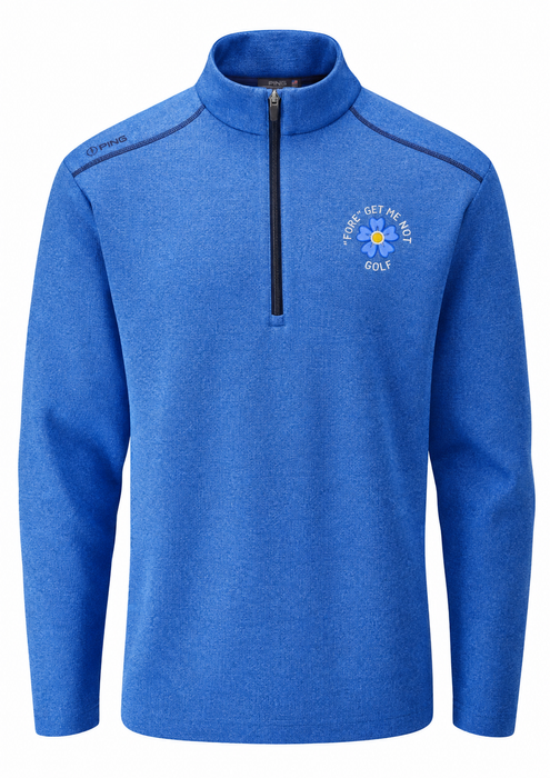 PING Ramsey Men's Fore Get Me Not golf mid layer in snorkel blue, front view with quarter-zip neck and floral chest logo.